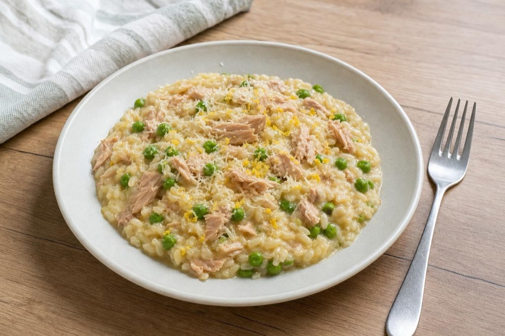 Tuna risotto with peas and lemon zest