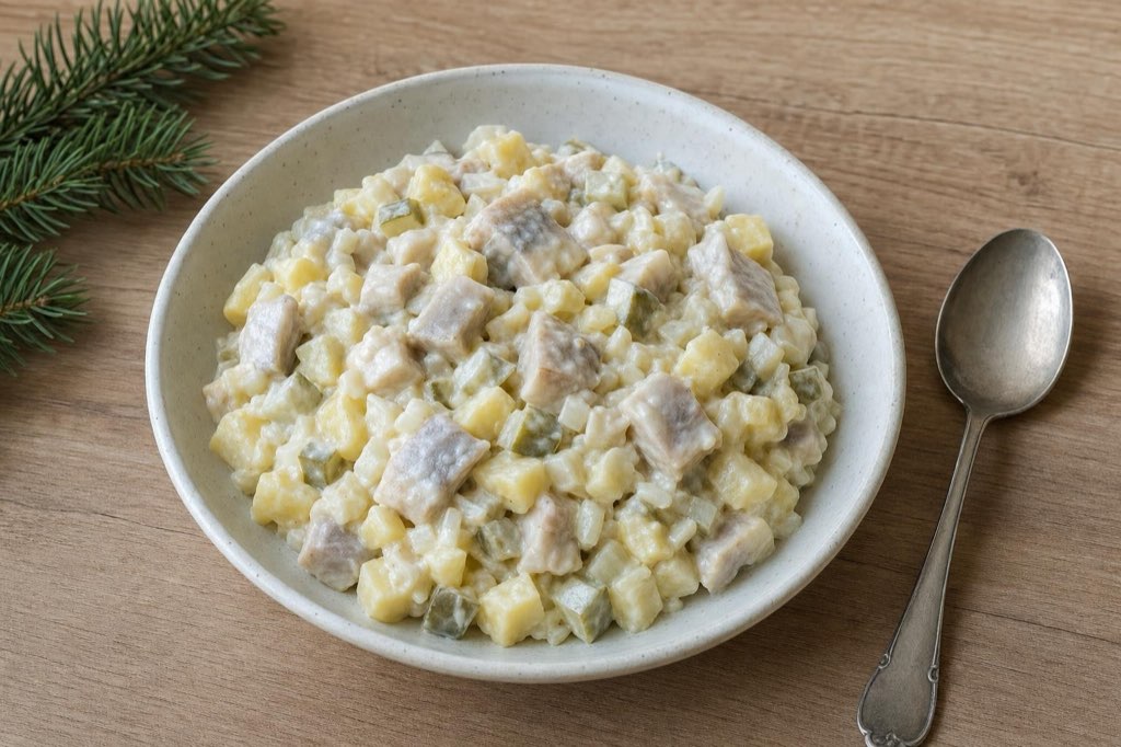 Pickled herring salad with potatoes and pickles