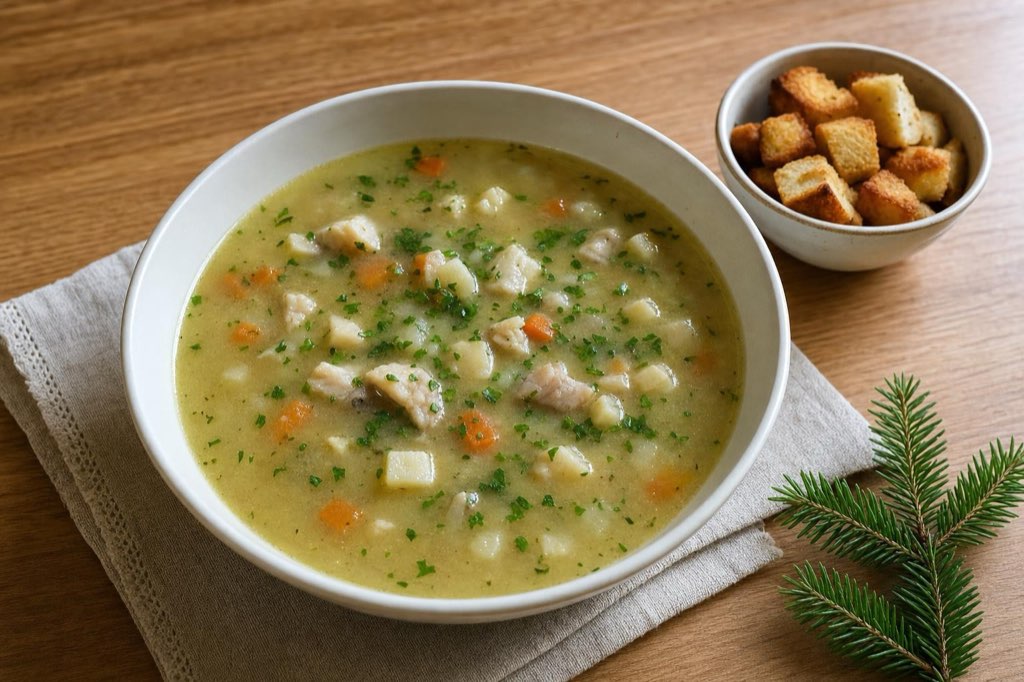 Carp soup with root vegetables and croutons