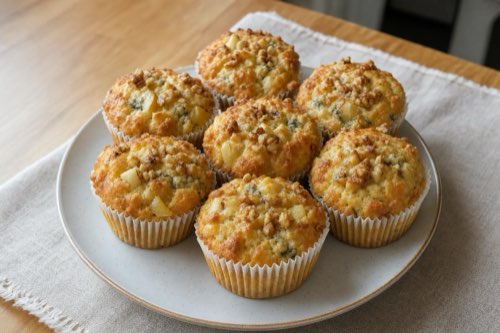 Savory pear, blue cheese, and walnut muffins