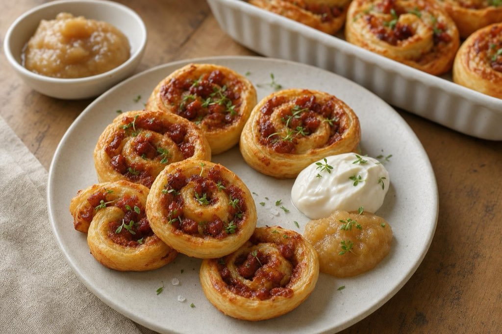 Puff pastry pinwheels with chorizo and applesauce
