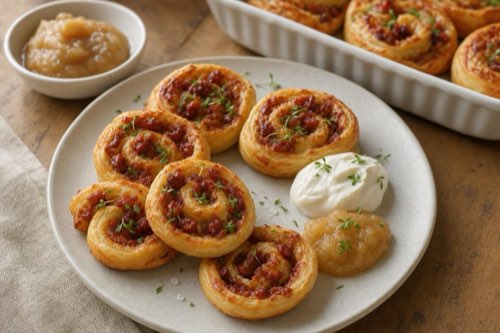 Puff pastry pinwheels with chorizo and applesauce