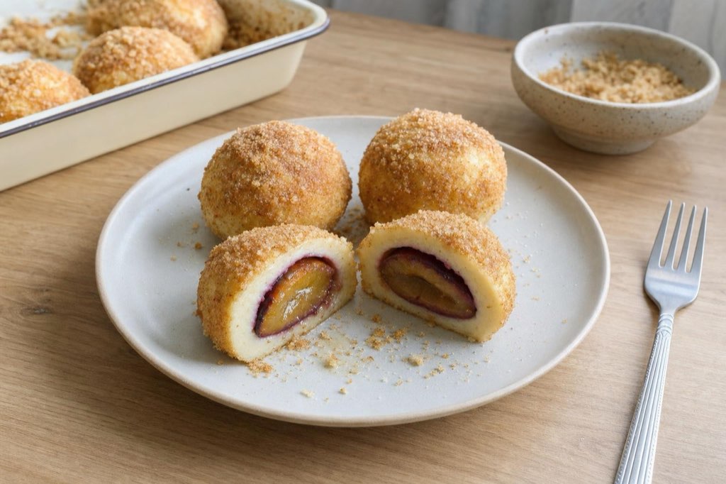 Plum dumplings with quark and cinnamon
