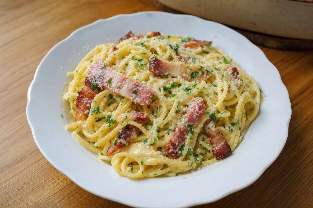 Smotanová carbonara s oravskou slaninou a parmezánom