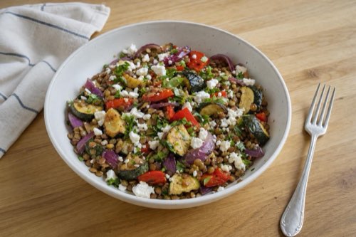 Lentil salad with roasted vegetables and feta