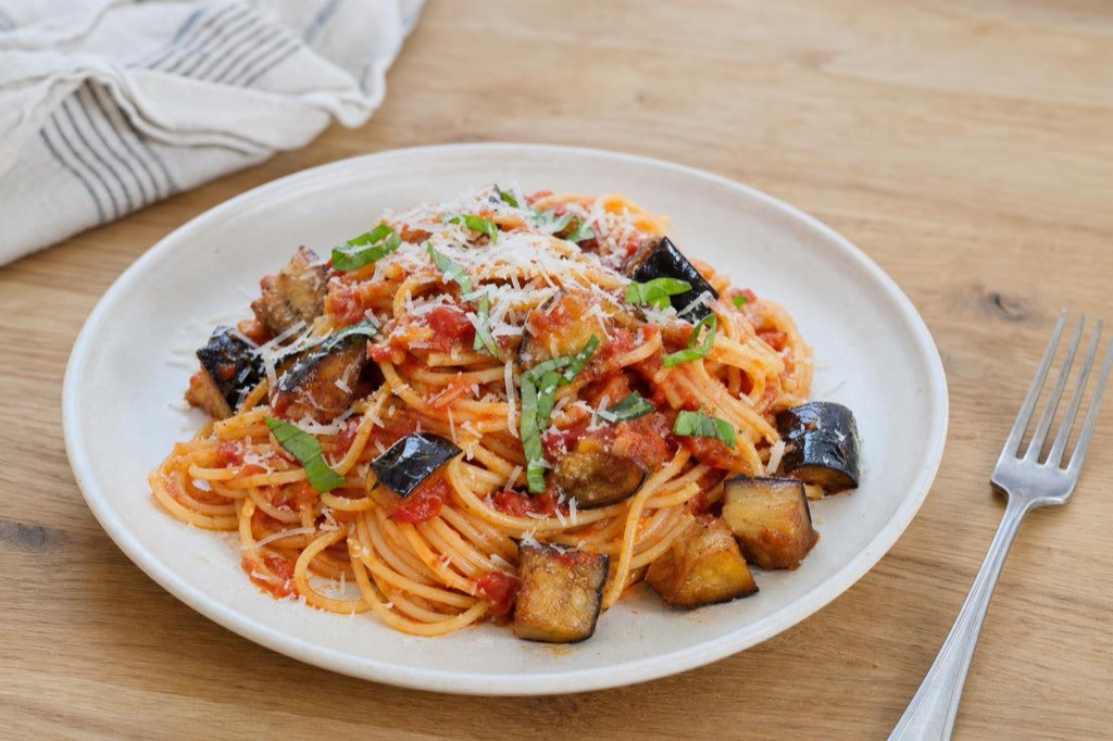 Spaghetti alla Norma with eggplant and tomatoes