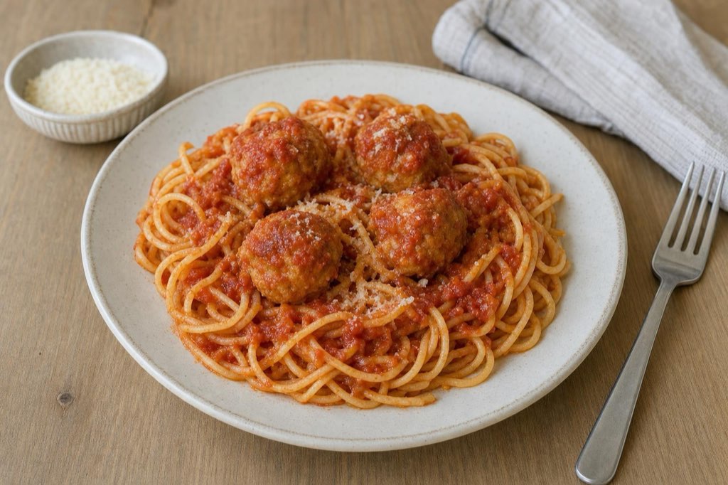 Spaghetti with chicken meatballs in tomato sauce