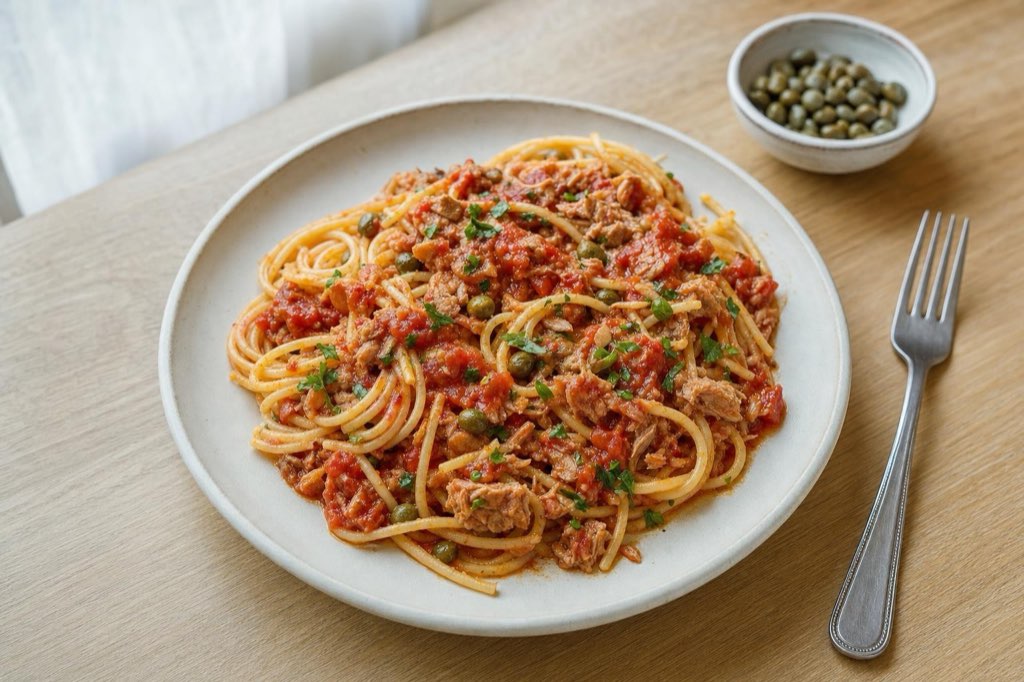 Spaghetti with tuna, tomato sauce, and capers