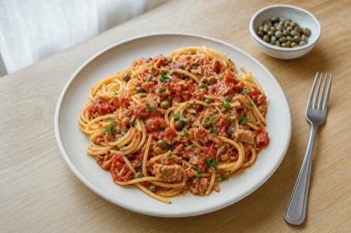 Spaghetti with tuna, tomato sauce, and capers