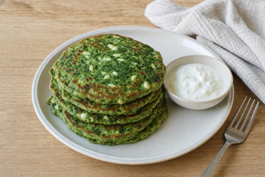 Spinach pancakes with feta and yogurt dip
