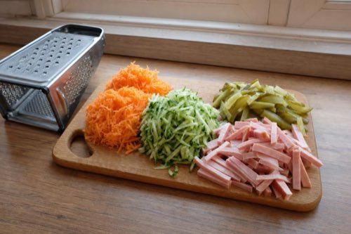 Ham salad with carrots, corn, and sour cream