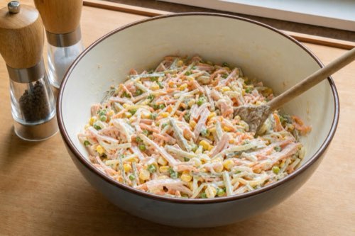 Ham salad with carrots, corn, and sour cream