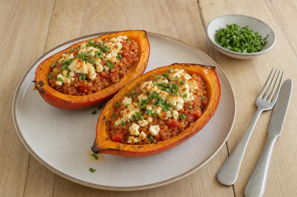 Pumpkin stuffed with red lentils and feta