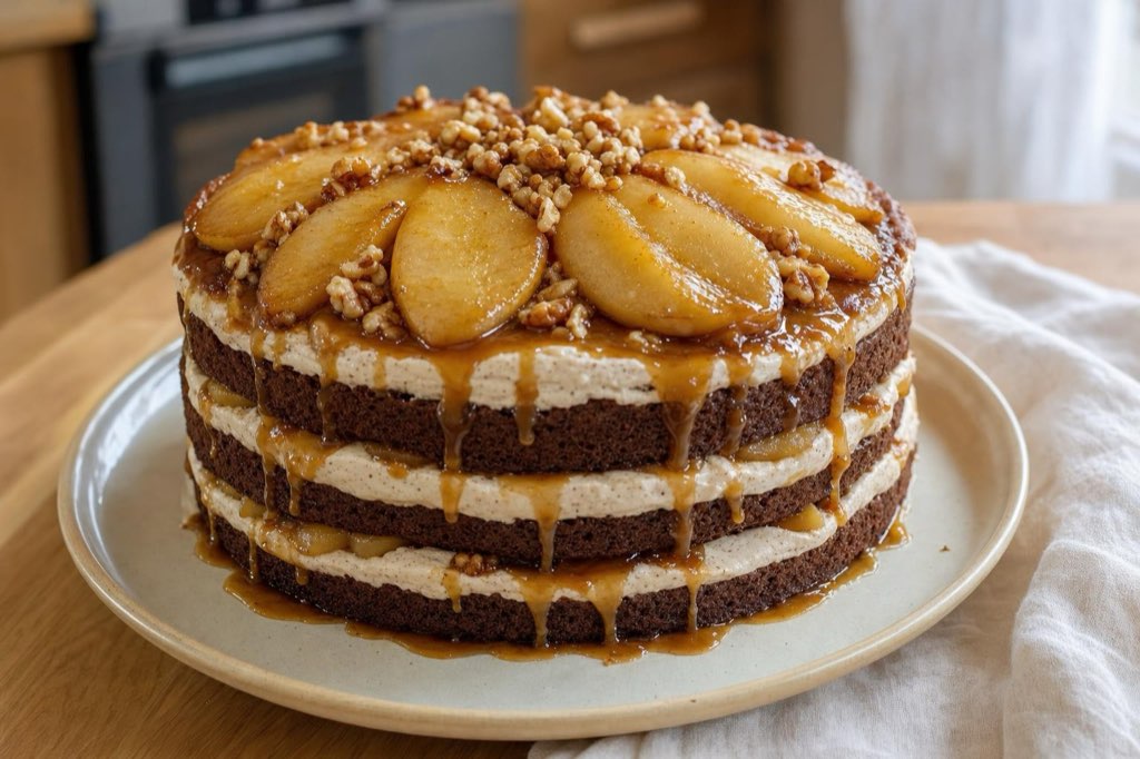 Chocolate cake with cinnamon cream and caramelized pears