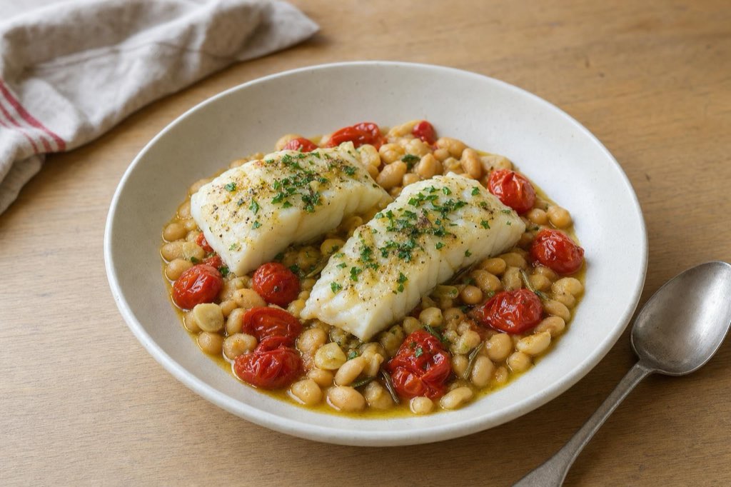 Cod with white beans and tomatoes