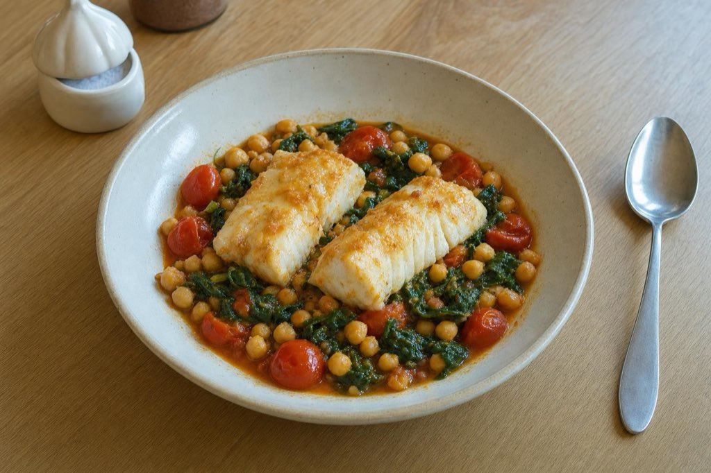 Skillet cod with chickpeas, spinach and tomatoes