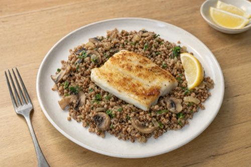 Butter-seared cod with buckwheat and mushrooms
