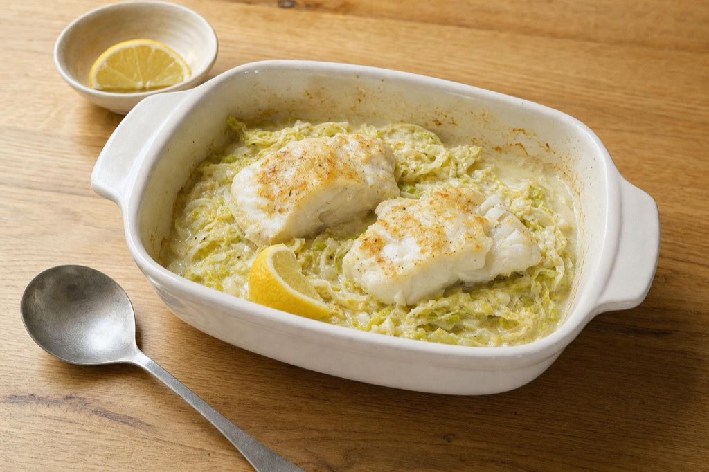 Baked cod with savoy cabbage and cream