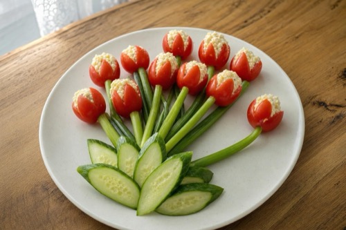 Tulipány z cherry paradajok so syrovou nátierkou