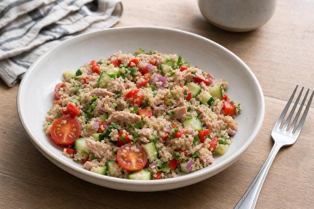 Tuna quinoa salad with bell pepper and cucumber