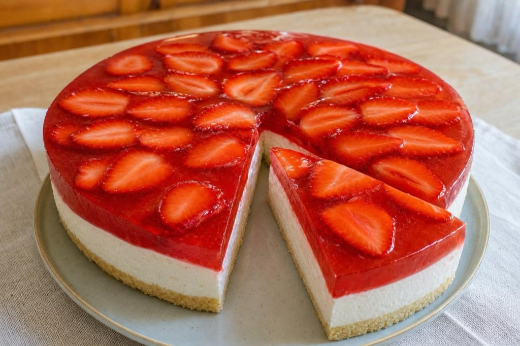 Tvarohovo-jahodová torta so želatínou bez múky a pečenia