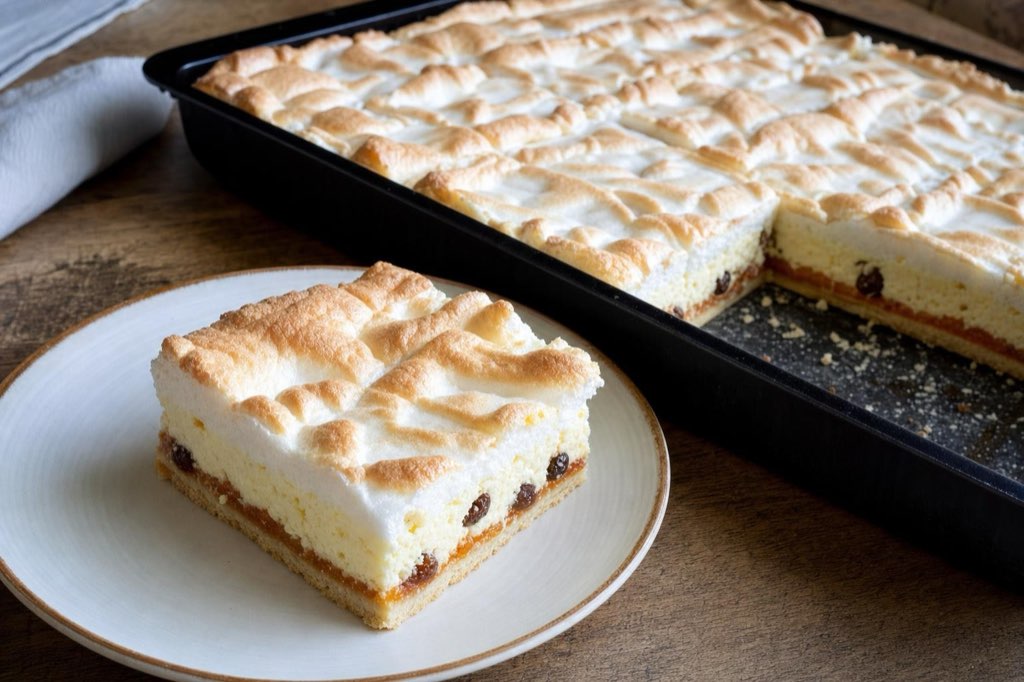 Tvarohový koláč s marhuľovým džemom, hrozienkami a snehom