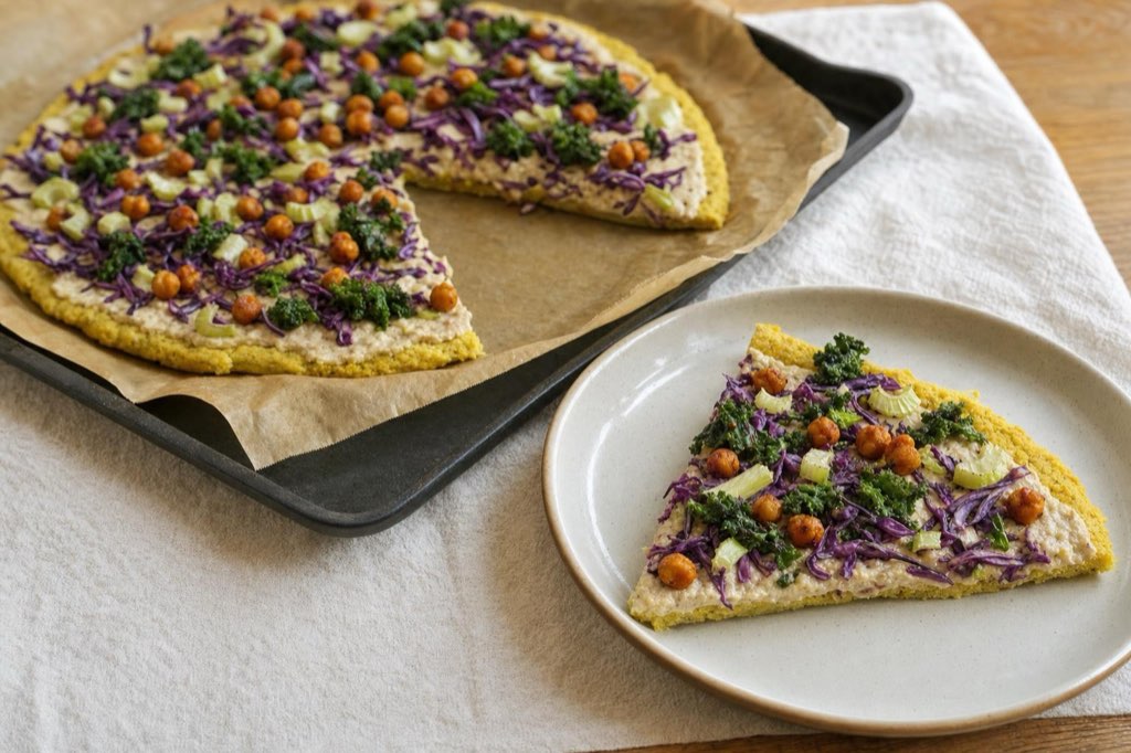 Vegan gluten-free polenta pizza with tofu sauce