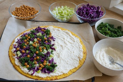 Vegan gluten-free polenta pizza with tofu sauce