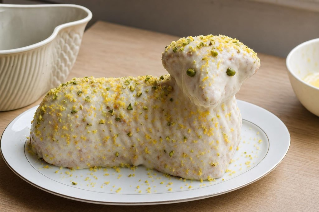 Easter lamb cakes with egg liqueur and pistachios