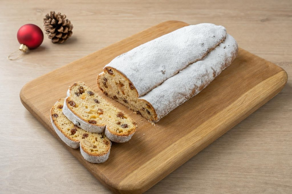 Christmas stollen with raisins and almonds