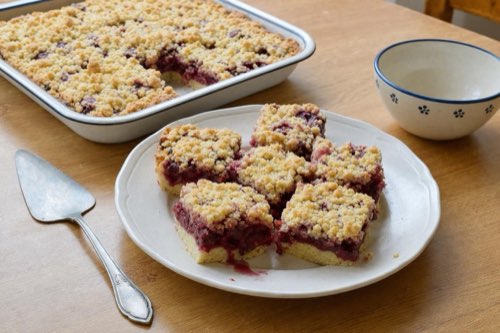 Sour cherry sheet cake with buttery crumb topping