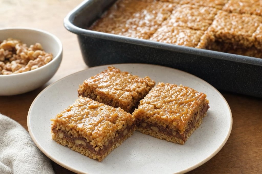 No-bake caramel, chocolate, and walnut oat bars