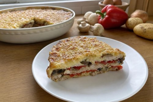 Layered chicken with potatoes and mushrooms