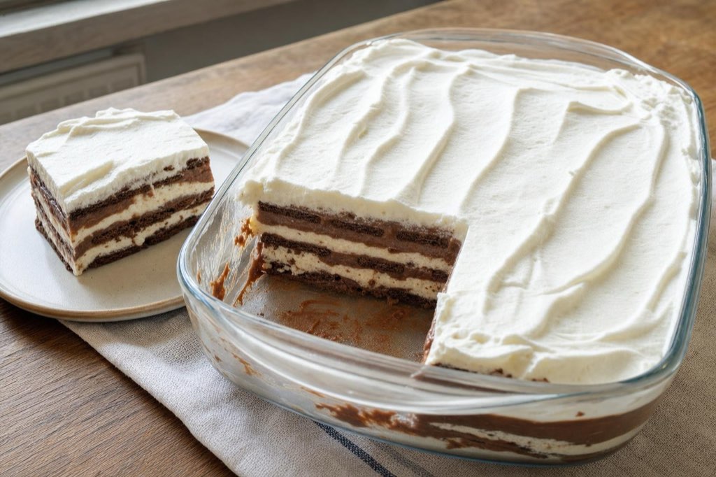 Schichtdessert mit Schokokeksen, Pudding und Sahne