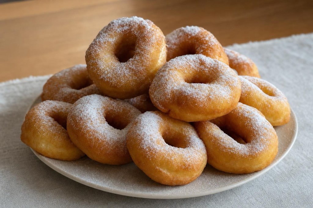 Vyprážané kefírové donuty s práškovým cukrom