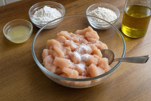 Fried chicken breasts with cornstarch and baking soda