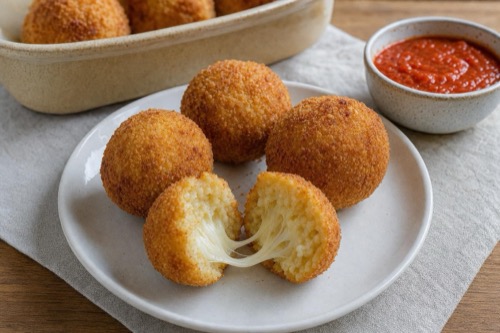 Vyprážané ryžové guličky plnené mozzarellou