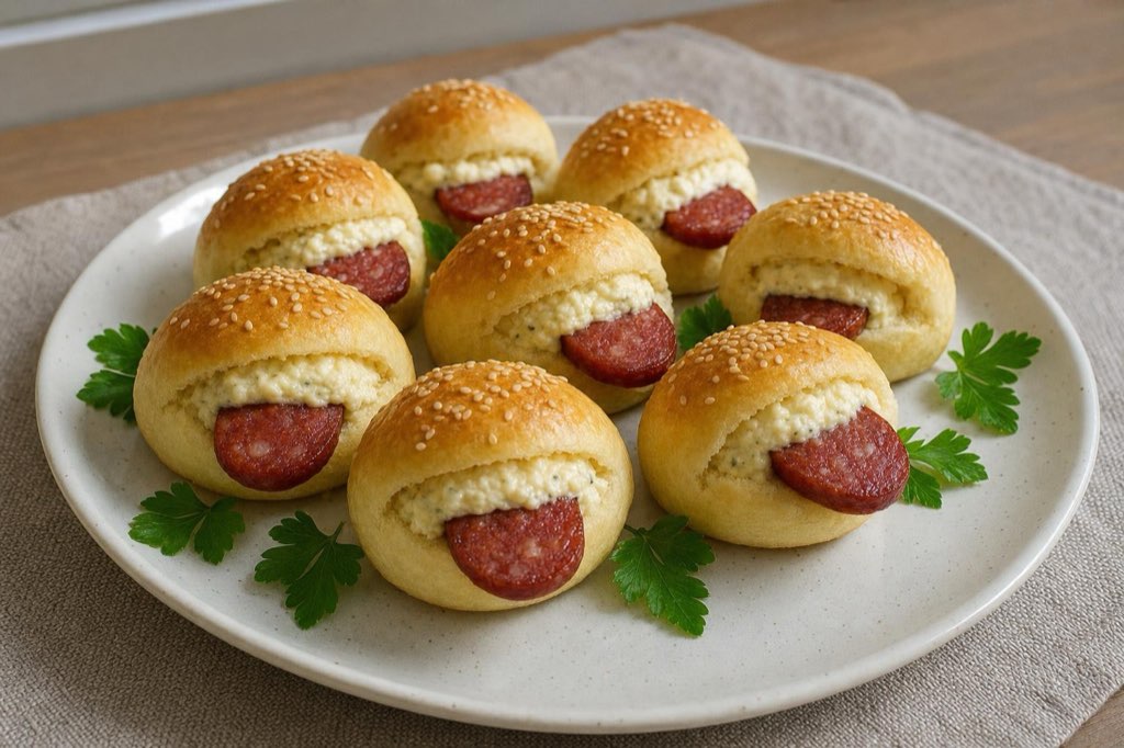 Žabky – mini buchtičky s cesnakovou plnkou a klobásou