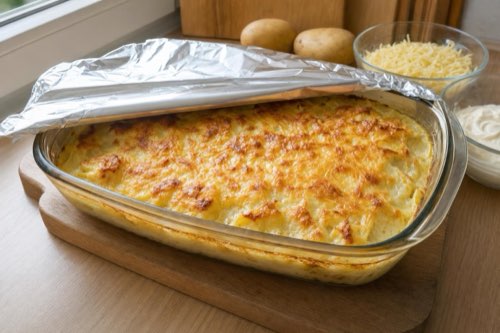 Baked chicken breasts with potatoes, cheese and mayonnaise