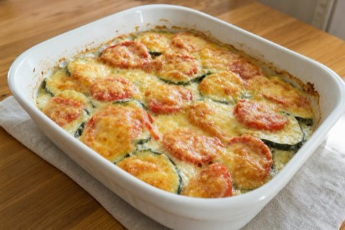Baked zucchini with tomatoes, cheese and garlic cream