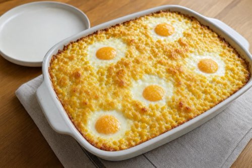 Zapekaná polenta s fetou, syrom a vajíčkom