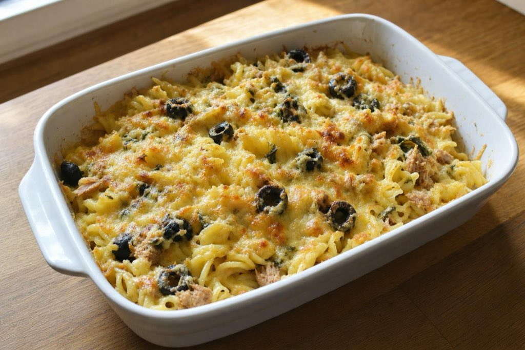 Nudelauflauf mit Thunfisch, Oliven und Zitrone