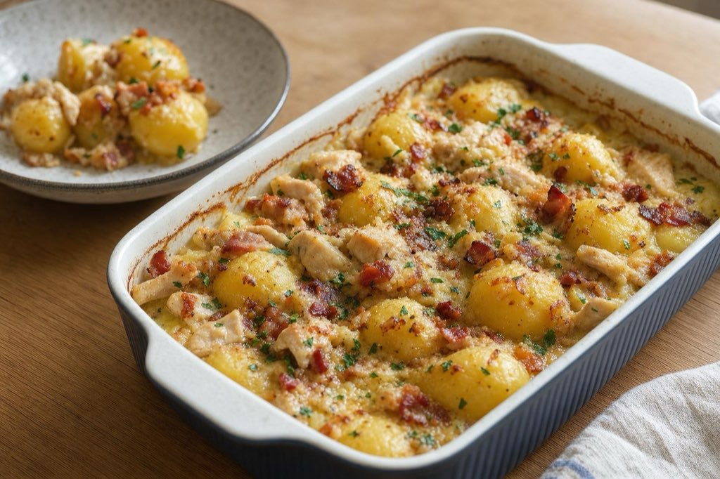 Zapekané zemiaky carbonara s morčacím mäsom a slaninou