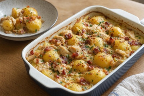 Zapekané zemiaky carbonara s morčacím mäsom a slaninou