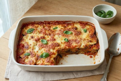 Baked eggplant with tomatoes and mozzarella