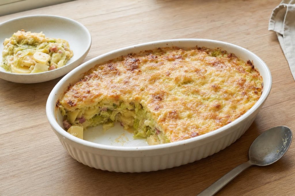 Savoy cabbage, potato and bacon casserole