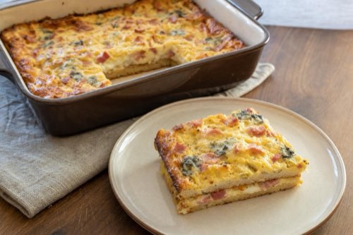 Ham, egg and blue cheese bread casserole