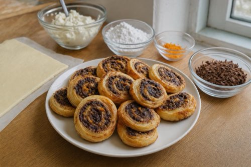 Mascarpone and chocolate puff pastry rolls