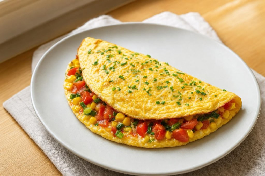 Fluffy vegetable omelet with cheese and corn