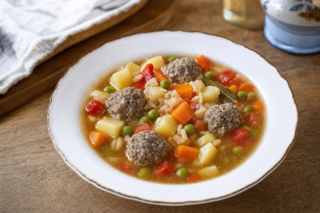 Vegetable soup with beef and rice meatballs